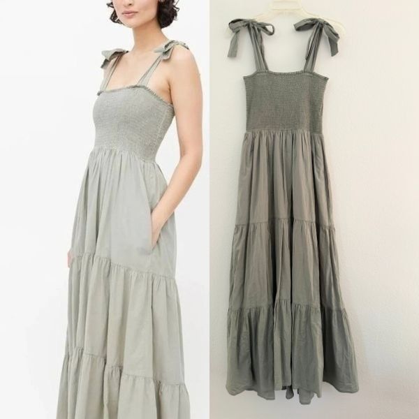 Xirena Lorraine Smocked Tiered Tank Tie Maxi Dress Sand Olive Green Women Large